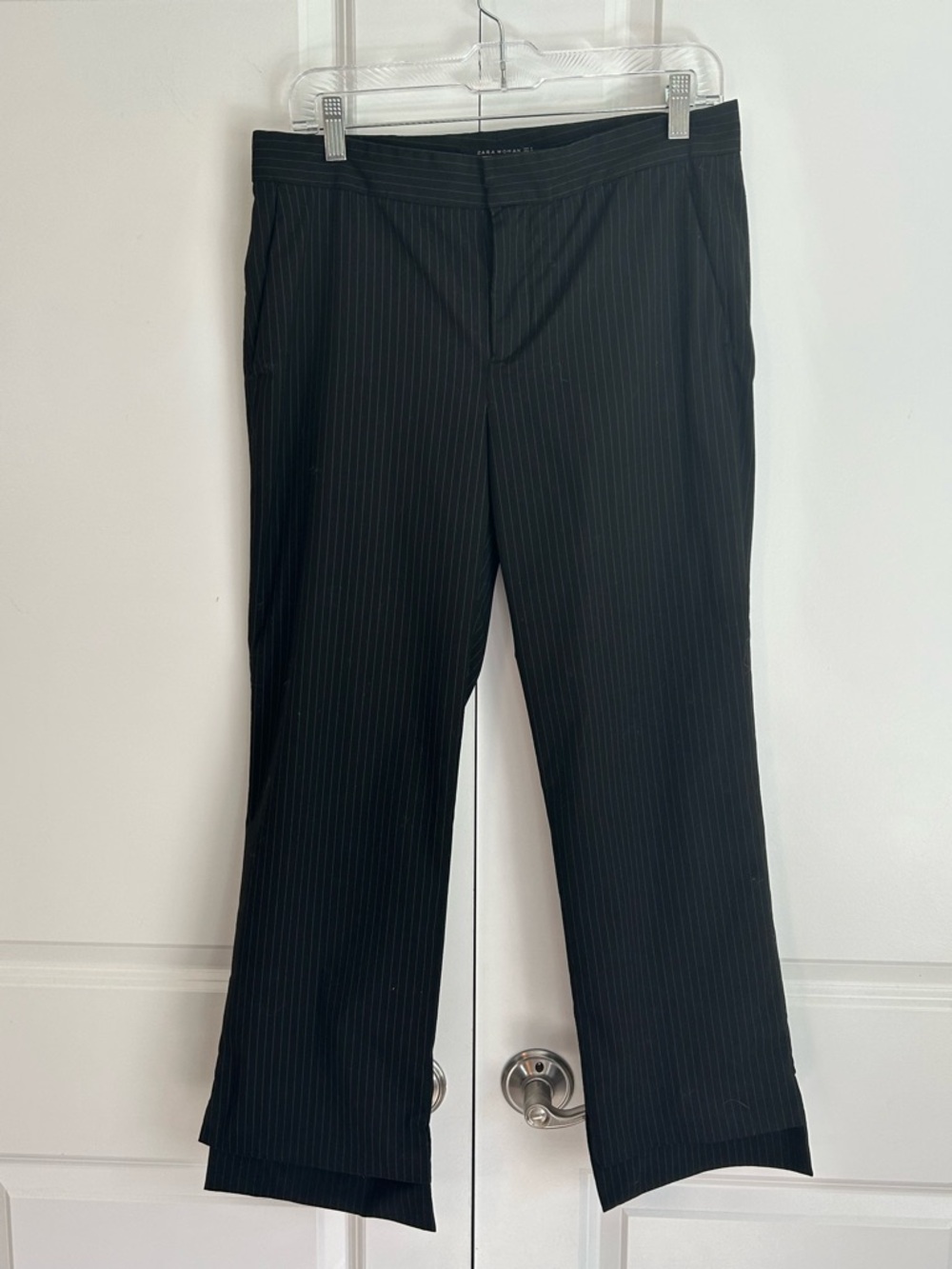 Zara black pinstripe pants with asymmetrical cropped hem black